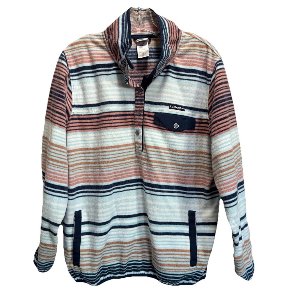 Cinch Fleece Striped Long Sleeve Pullover 1/4 Snap Size XL Logo Pocket Blue